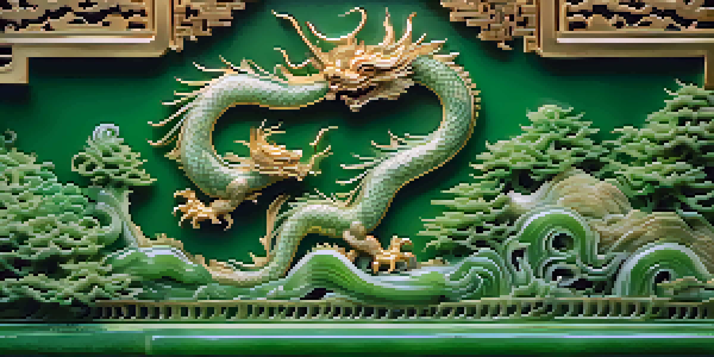 Close-up of intricate jade carvings featuring dragon and phoenix motifs, illuminated by soft light against a blurred traditional Chinese backdrop.