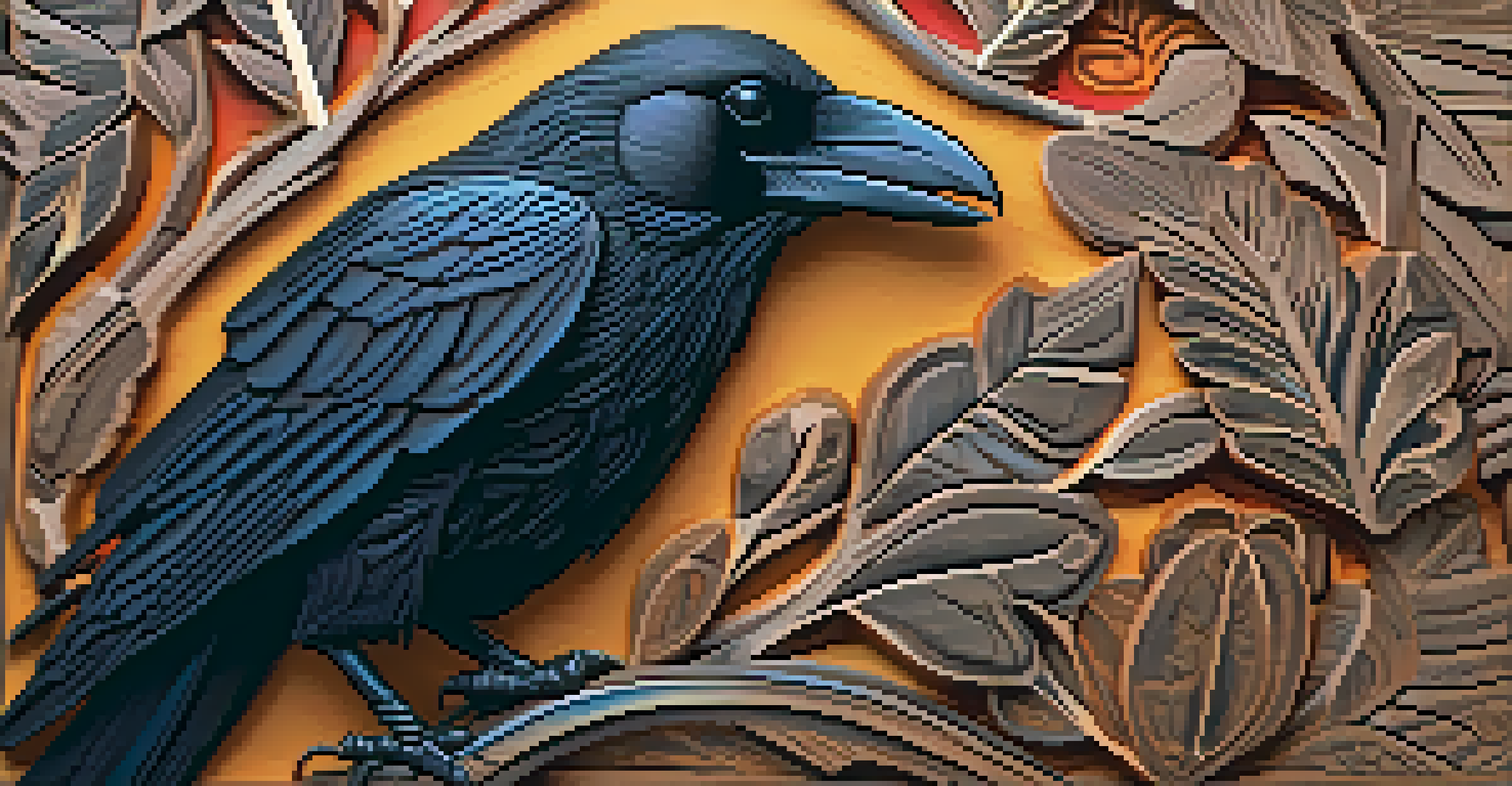 A detailed close-up of a raven carving, highlighting the textures and colors of the wood and paint, symbolizing cultural significance.