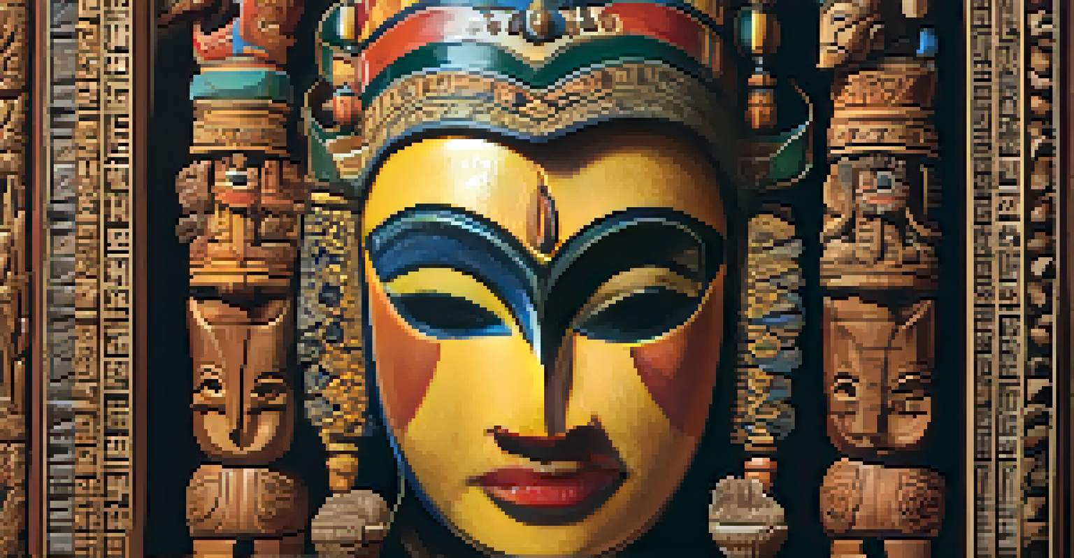 A close-up of an intricately carved wooden mask displayed with cultural artifacts in a softly lit exhibition space.
