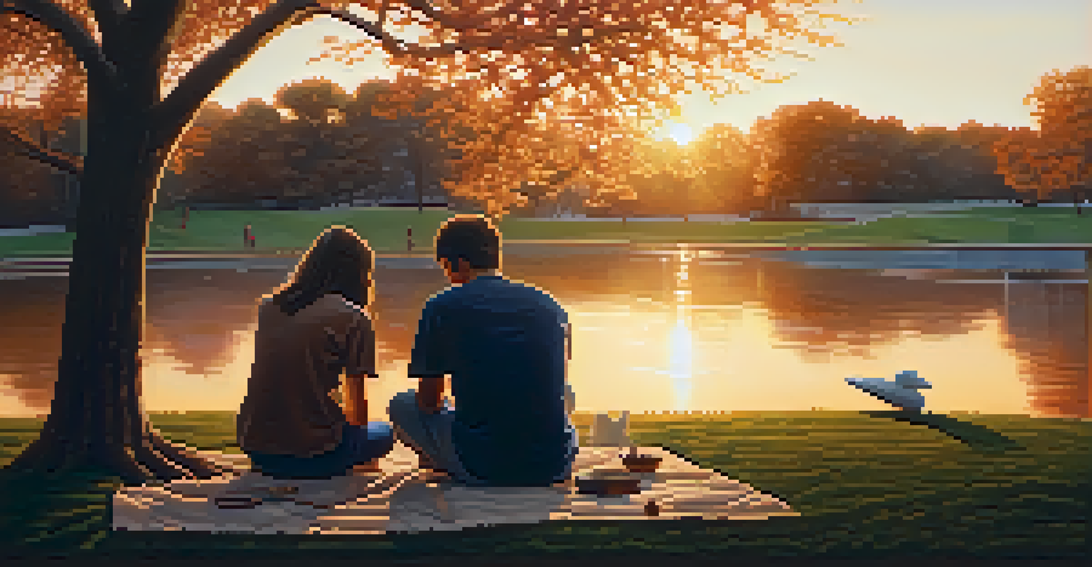 Two characters in a park, one shaping clay while the other watches, with a warm sunset creating a thoughtful atmosphere.