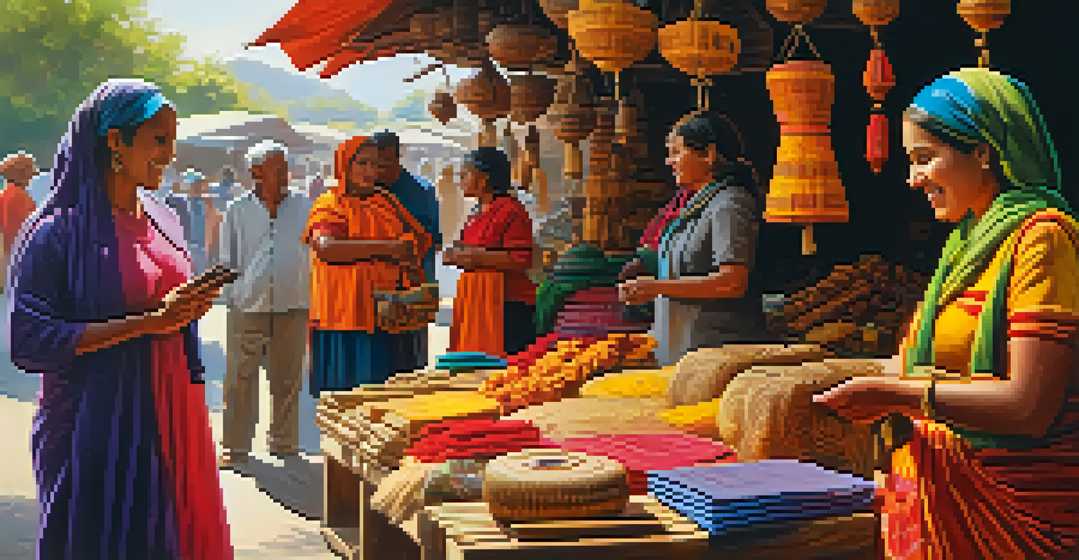 Women selling carved wooden sculptures at an outdoor market, surrounded by colorful crafts and textiles.
