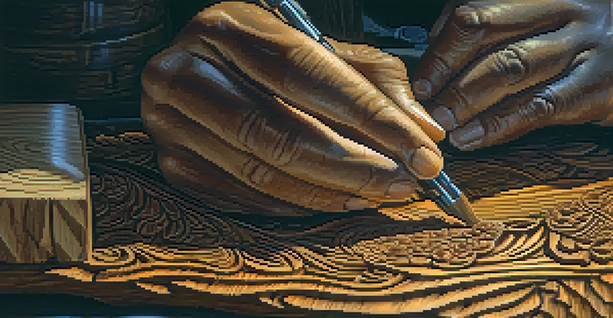 A close-up of an artisan focused on carving elaborate designs into dark wood, with tools visible and warm lighting illuminating the scene.