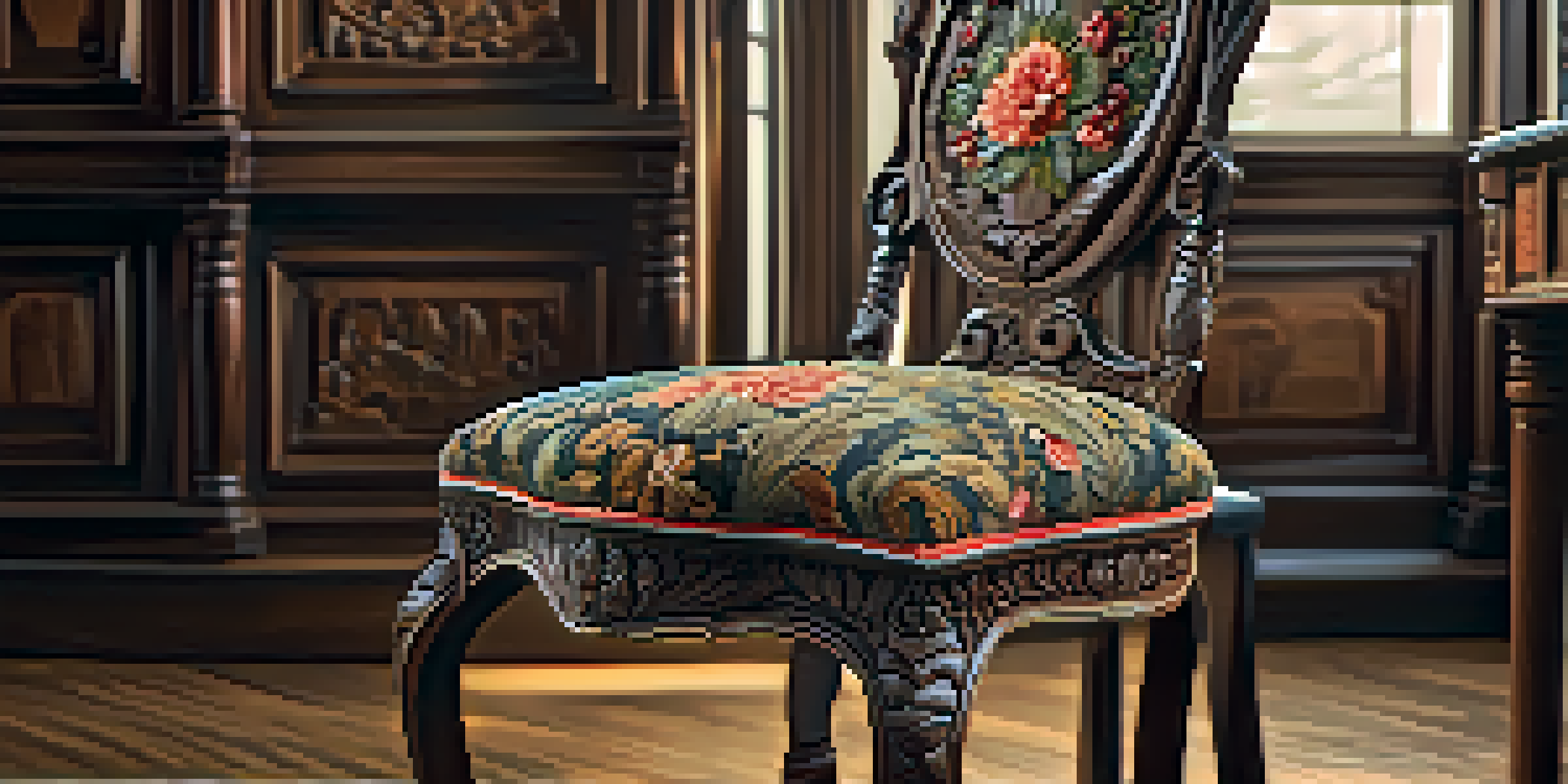 A detailed view of an antique wooden chair with intricate floral carvings, illuminated by soft natural light in a vintage room.
