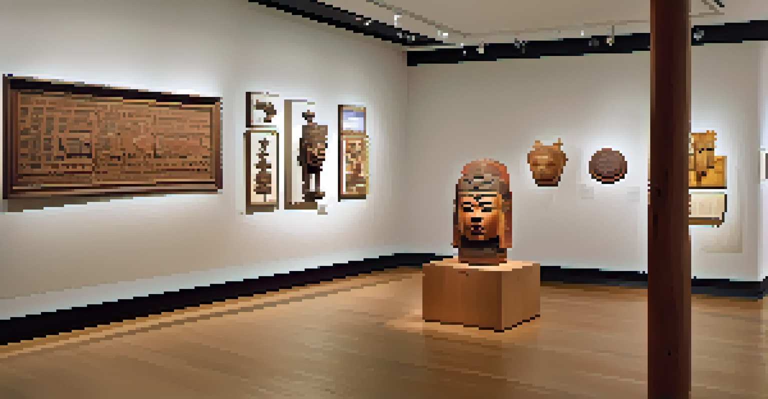 An exhibition displaying diverse carvings from different cultures in a well-lit gallery.