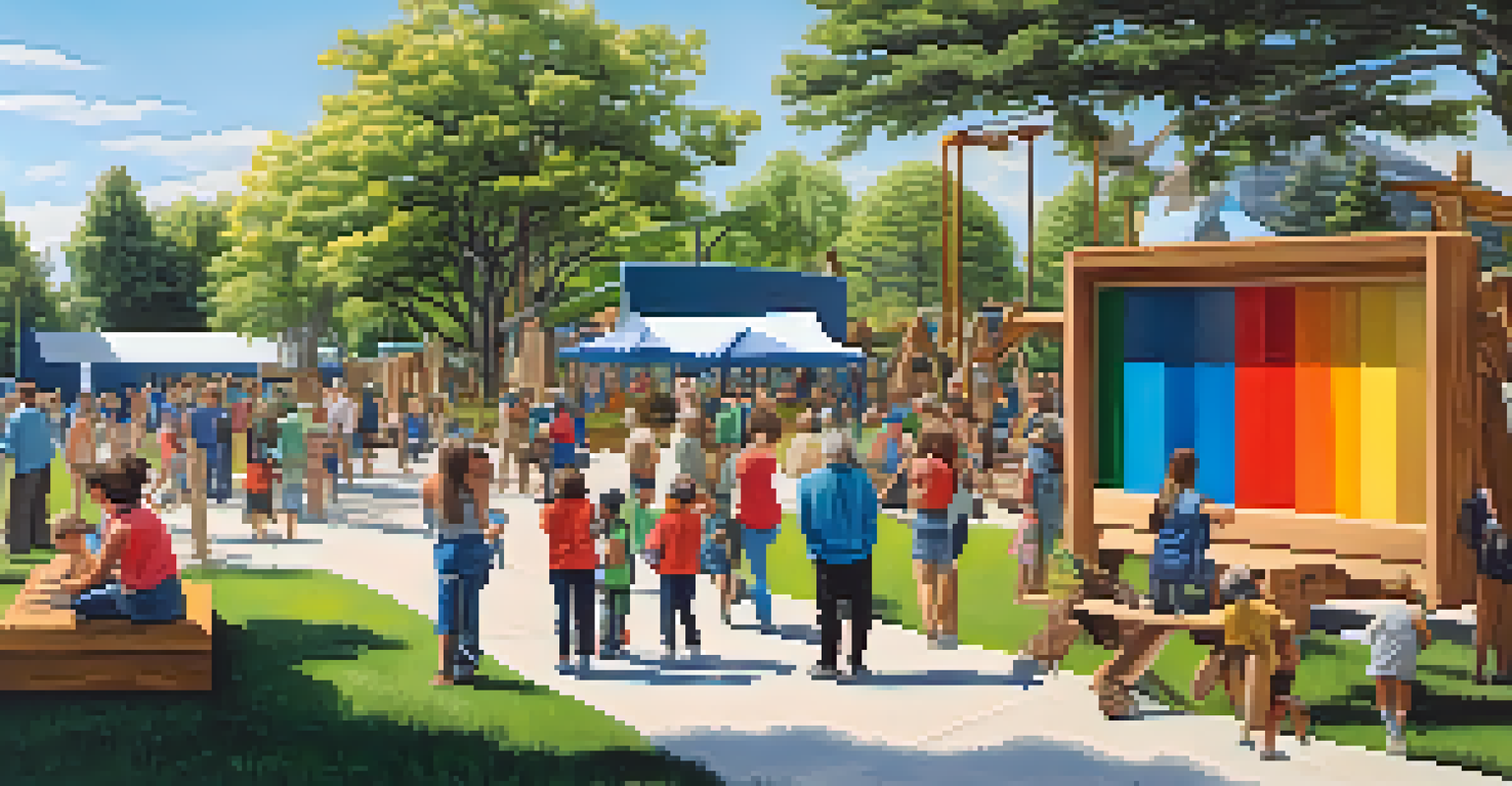 A colorful community wooden installation depicting local wildlife, with people collaborating in a park under a clear blue sky, highlighting environmental awareness.