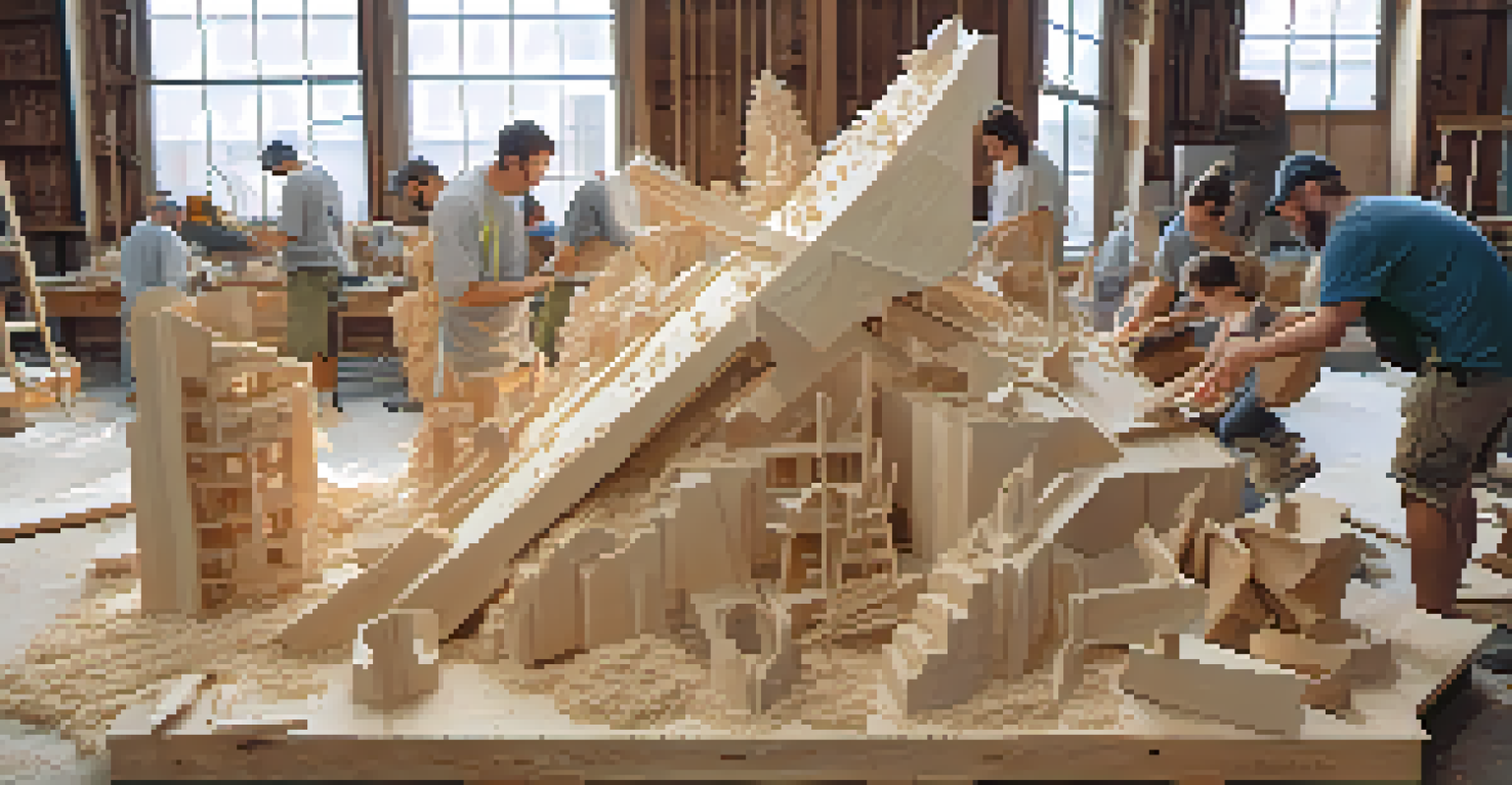 A collaborative carving project with multiple individuals working together on a large sculpture, showcasing teamwork and creativity in a well-lit environment.
