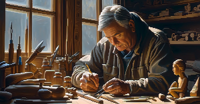 A woodcarver focused on carving a wooden figure, with tools and warm light highlighting the workspace.