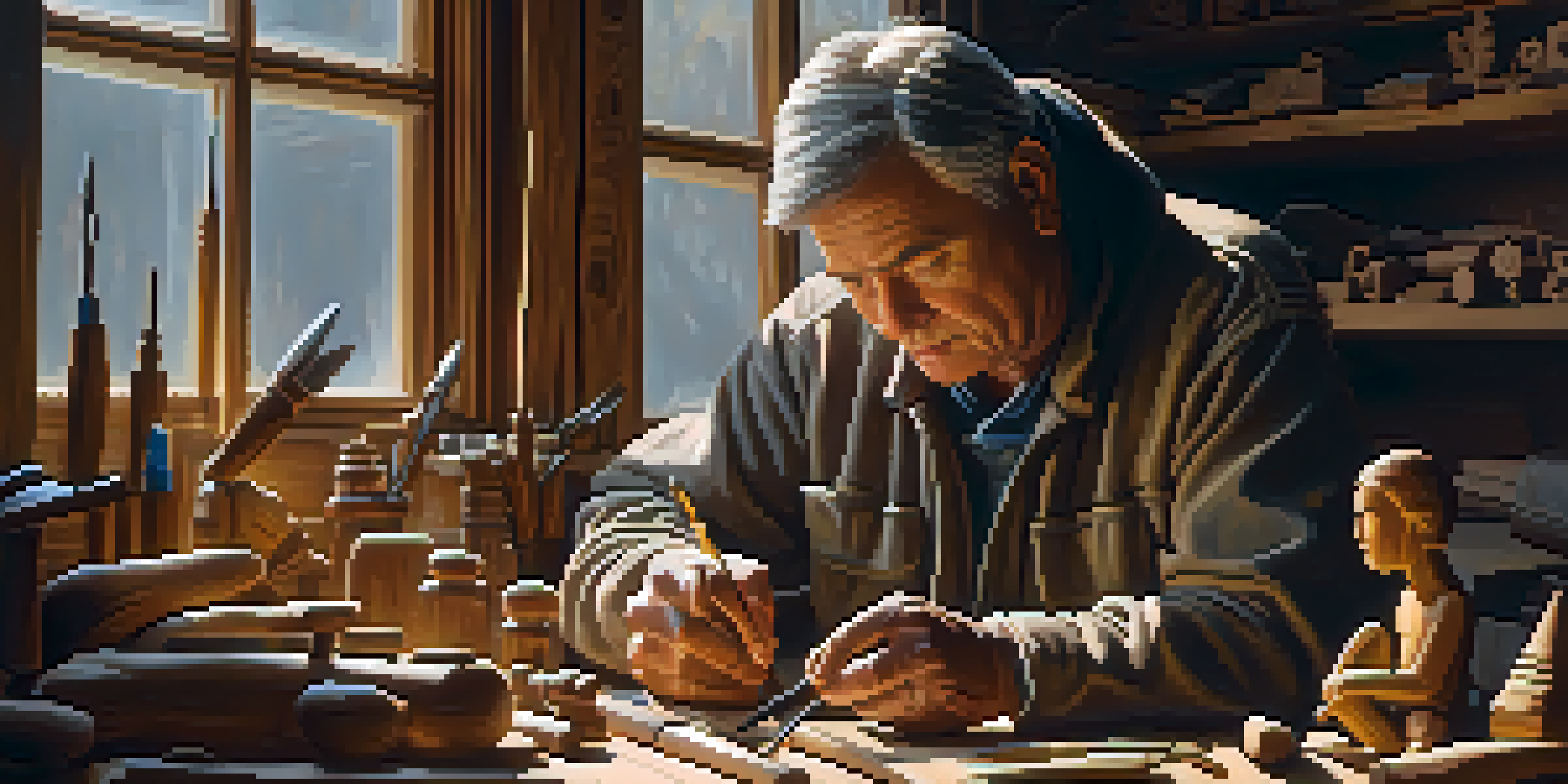 A woodcarver focused on carving a wooden figure, with tools and warm light highlighting the workspace.