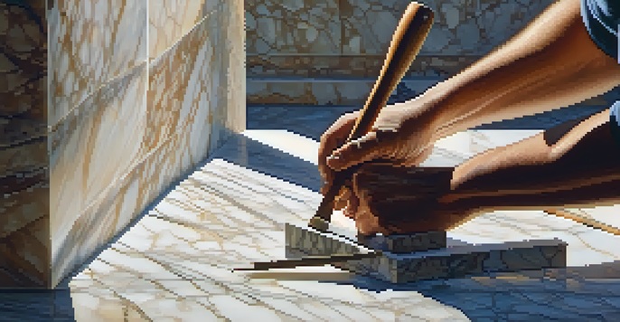 An artisan chiseling intricate patterns into a block of marble, with tools and warm light creating a cozy workshop atmosphere.