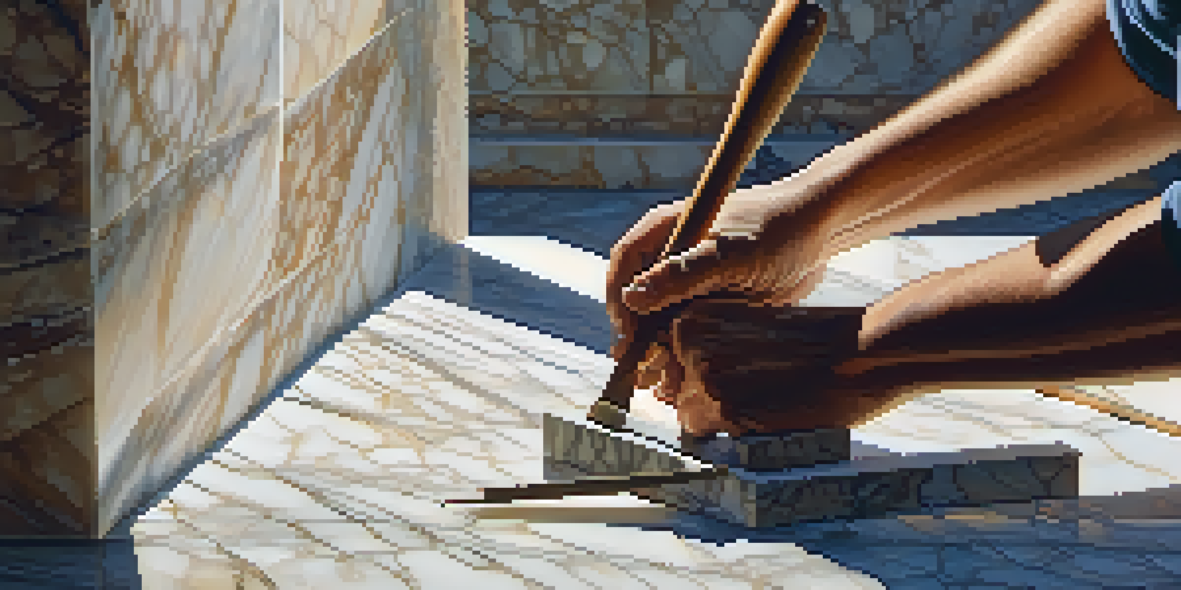 An artisan chiseling intricate patterns into a block of marble, with tools and warm light creating a cozy workshop atmosphere.