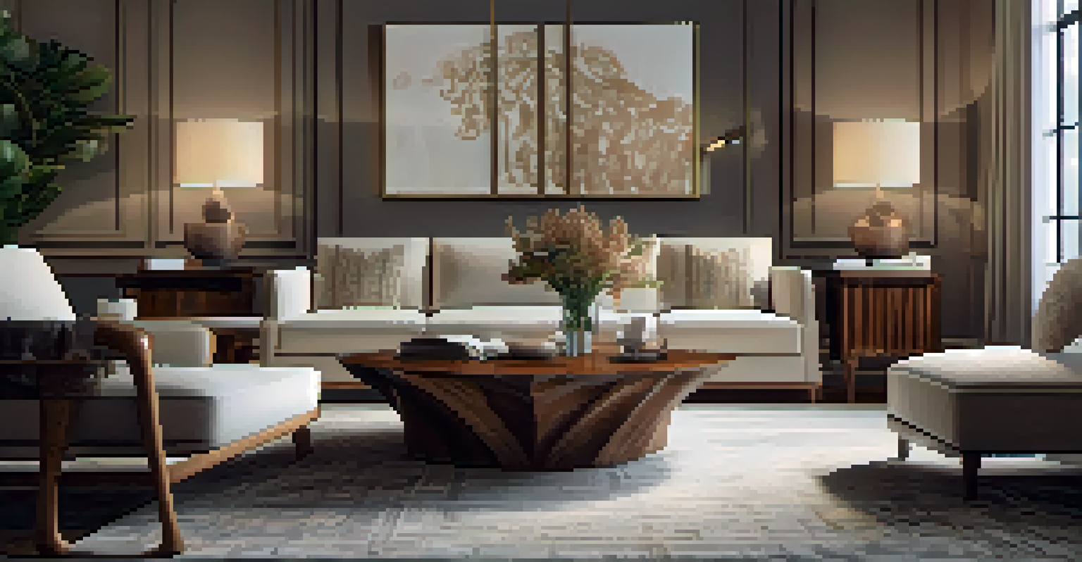 A carved wooden coffee table in a modern living room with plush couches and warm lighting.