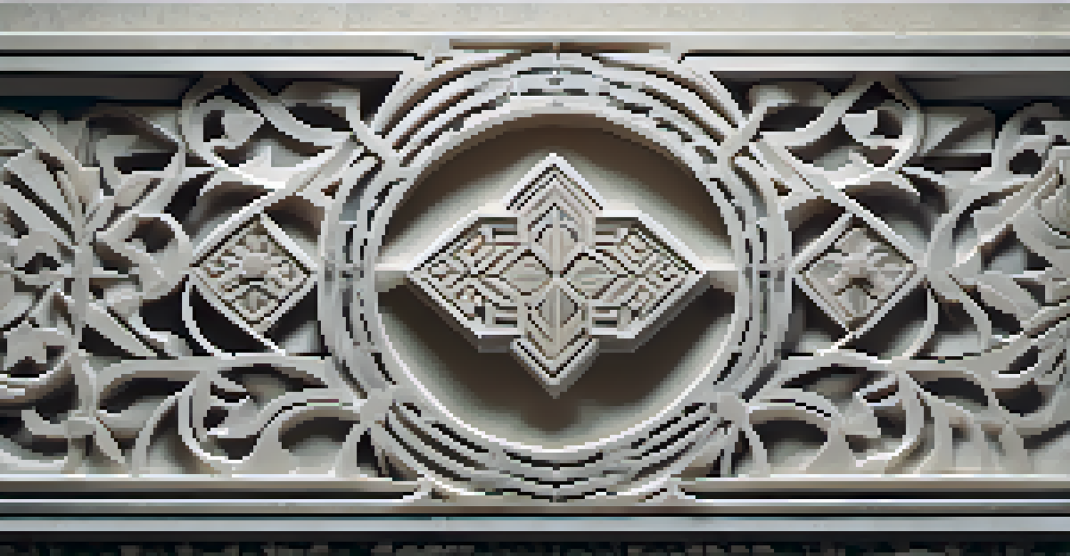 A stone panel carving combining floral motifs and geometric patterns, displayed against a neutral backdrop with natural light enhancing the textures.