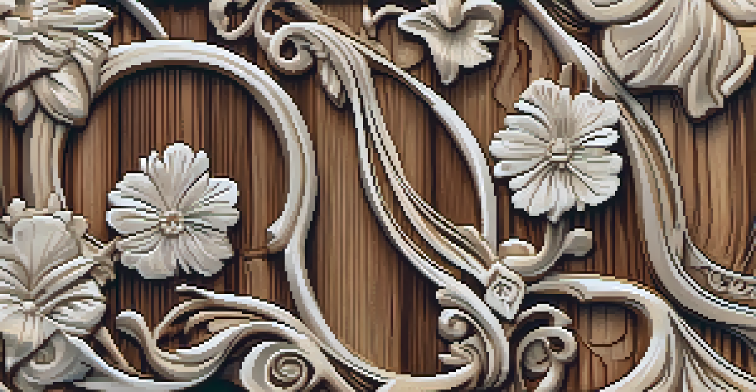A carved wooden fashion accessory with floral designs displayed on a soft fabric background, highlighting craftsmanship and color contrast.
