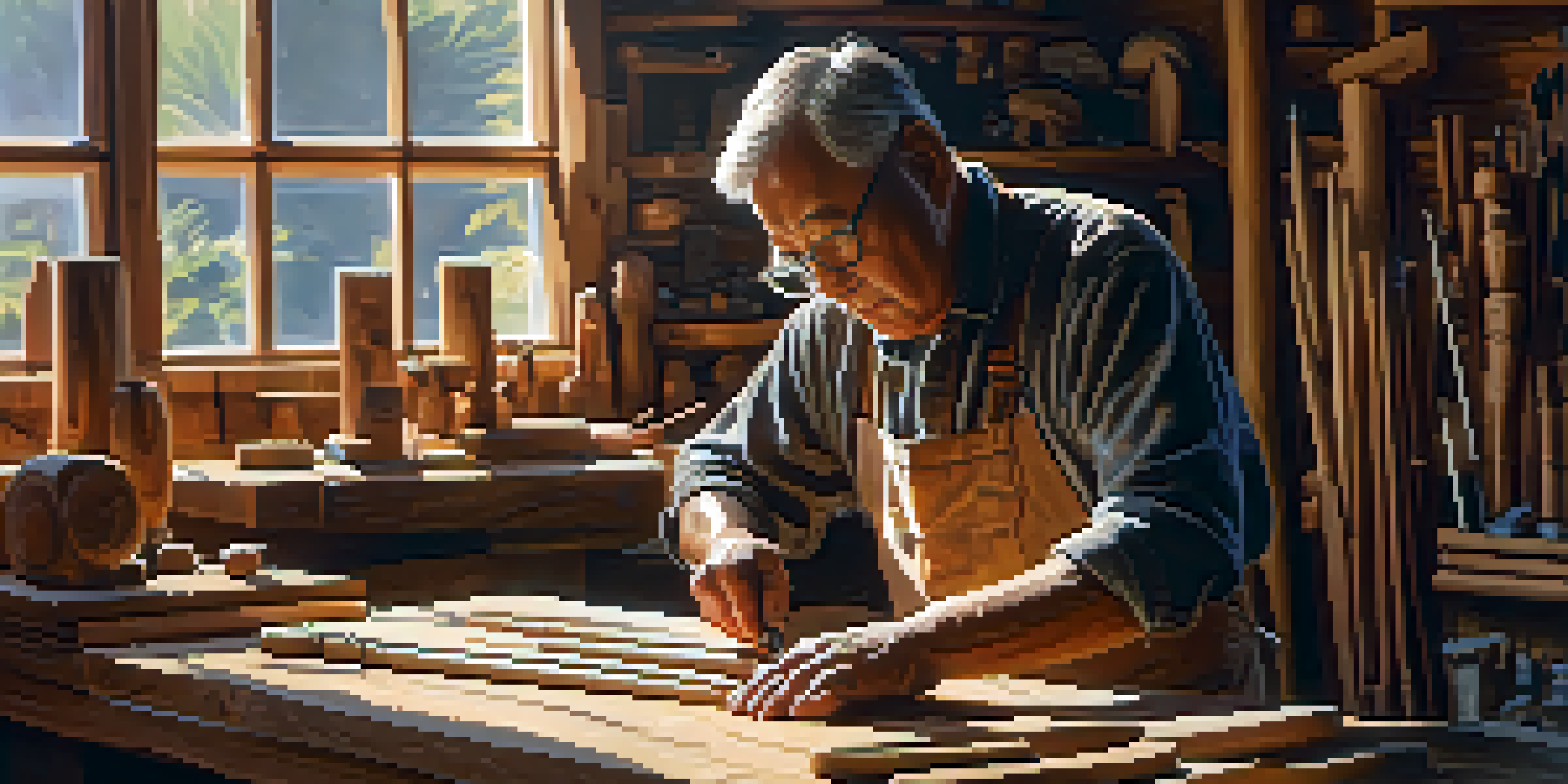 An artisan working on a wooden totem pole in a sunlit workshop, surrounded by carving tools.