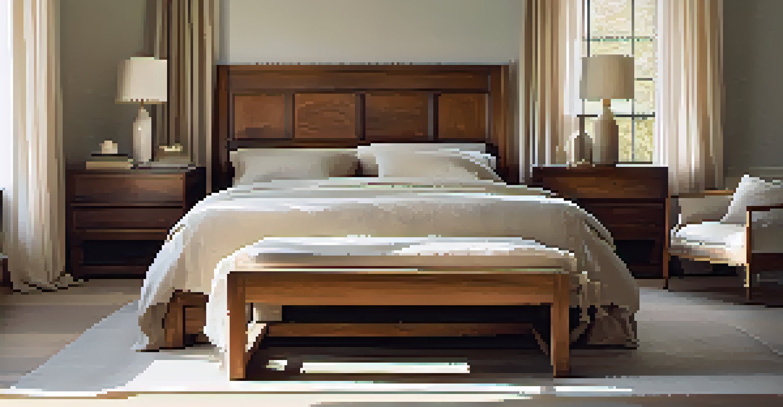 A serene bedroom with a wooden bed frame, carved bedside table, and soft neutral bedding, with gentle light filtering through sheer curtains.