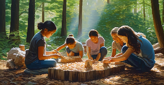A diverse group of individuals engaged in a peaceful outdoor carving workshop in a forest, surrounded by greenery and sunlight.