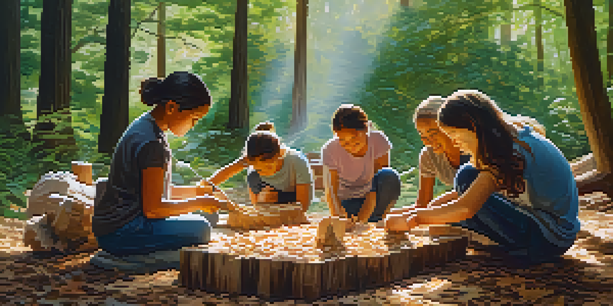 A diverse group of individuals engaged in a peaceful outdoor carving workshop in a forest, surrounded by greenery and sunlight.