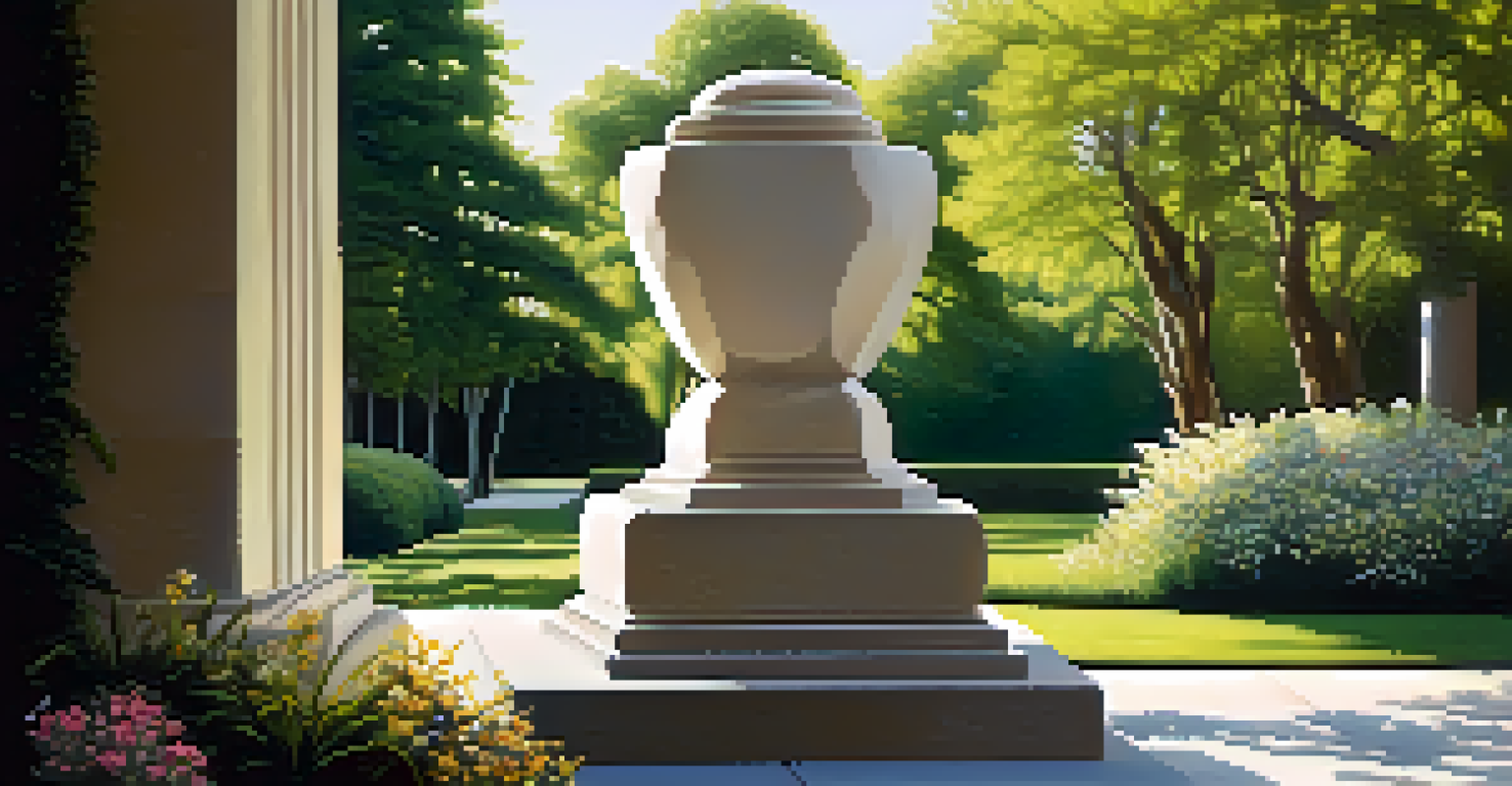 A polished limestone sculpture in an outdoor setting with trees and flowers, illuminated by sunlight creating gentle shadows.