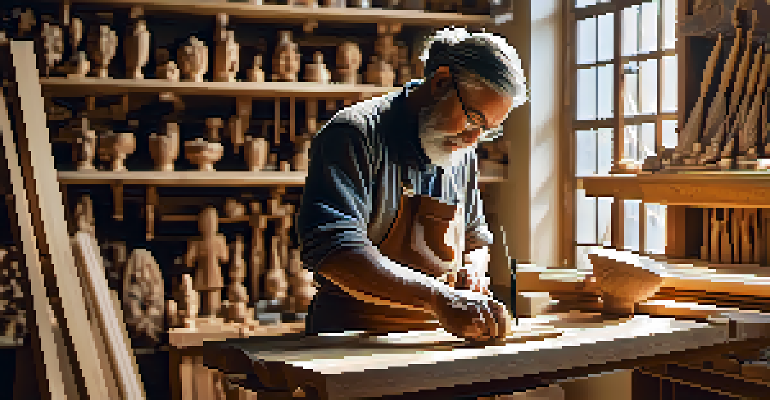 An artisan focused on carving a detailed wooden sculpture in a sunlit workshop filled with tools and artworks.