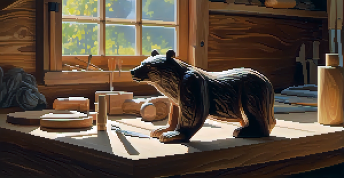 A cozy workshop with a partially carved wooden bear on a workbench, surrounded by carving tools and illuminated by sunlight.