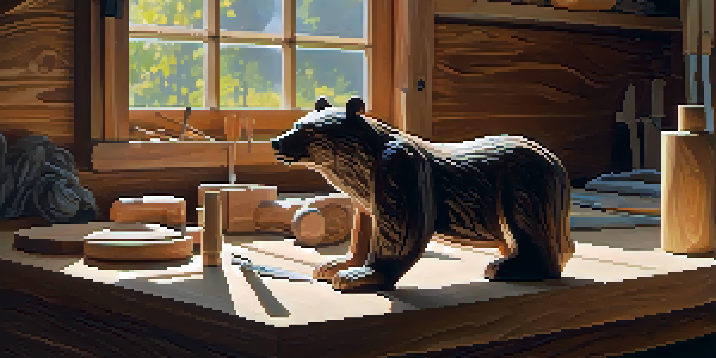 A cozy workshop with a partially carved wooden bear on a workbench, surrounded by carving tools and illuminated by sunlight.