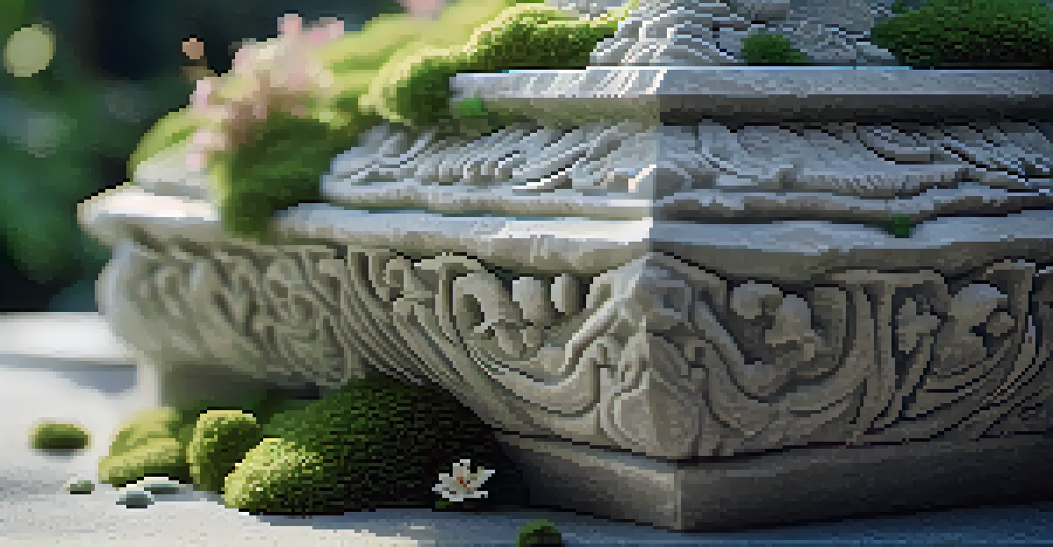 A detailed close-up of a stone carving covered in moss and flowers, set in a softly lit garden.