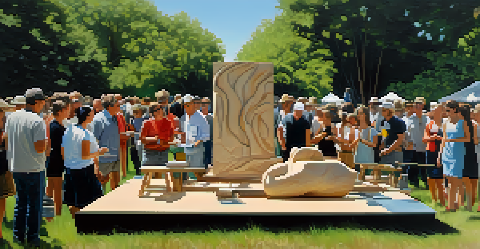 An outdoor carving demonstration with an artist creating an abstract sculpture using modern tools, surrounded by greenery and spectators.