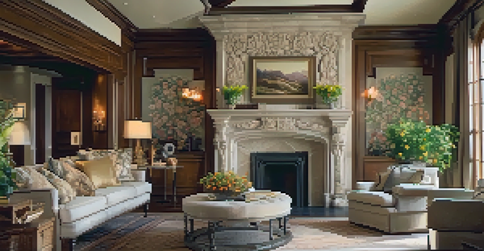 A cozy living room featuring a stunning carved stone fireplace with intricate floral designs, surrounded by comfortable furniture and warm lighting.
