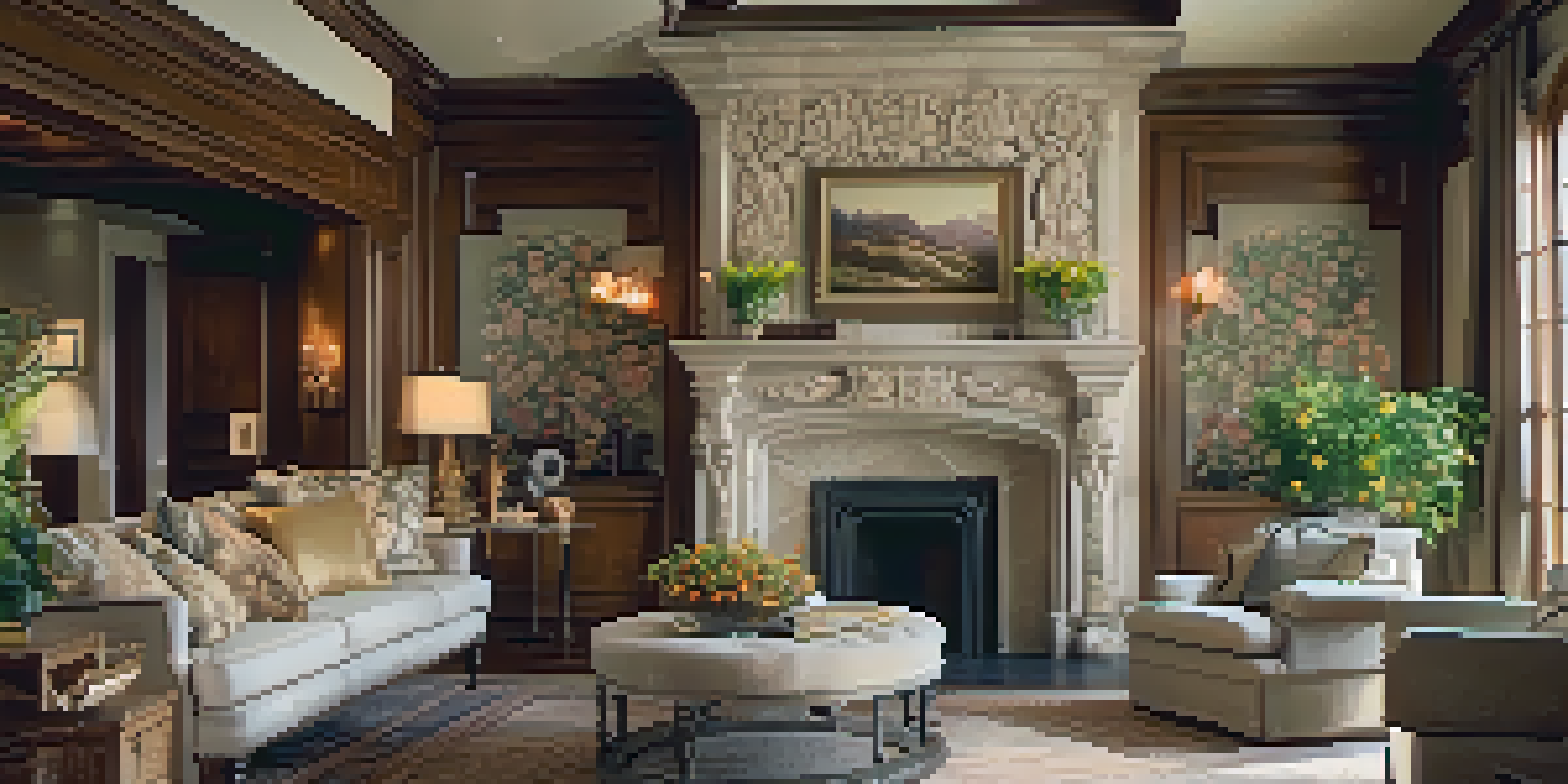 A cozy living room featuring a stunning carved stone fireplace with intricate floral designs, surrounded by comfortable furniture and warm lighting.