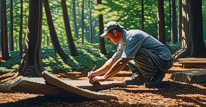 A craftsman carving wood in a sunlit forest, surrounded by trees and greenery.