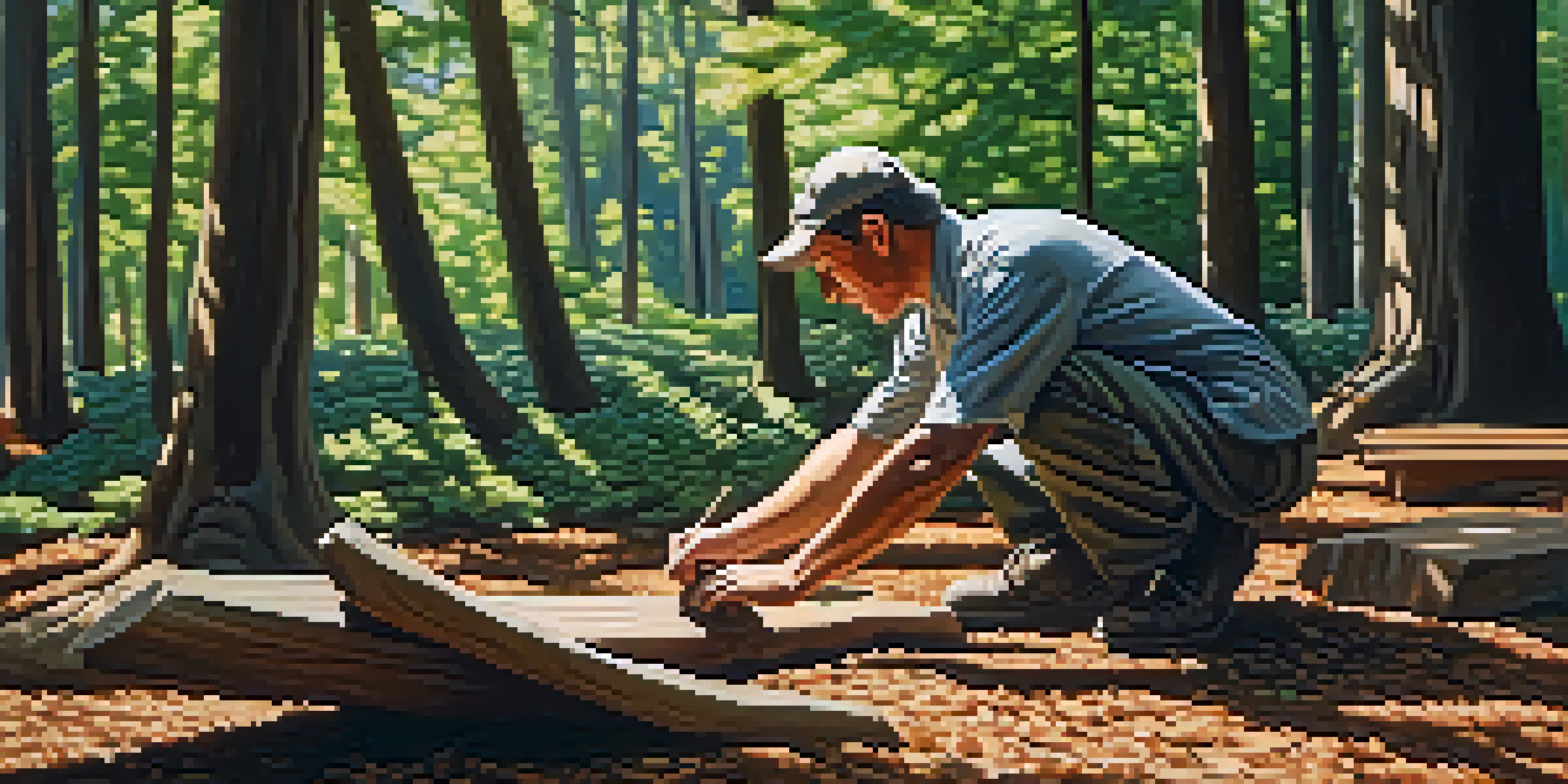 A craftsman carving wood in a sunlit forest, surrounded by trees and greenery.