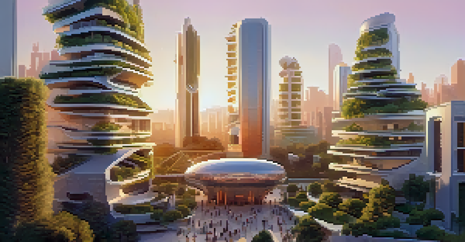 A futuristic cityscape with intricately designed 3D-printed buildings, illuminated by sunset light, featuring integrated greenery for a sustainable look.