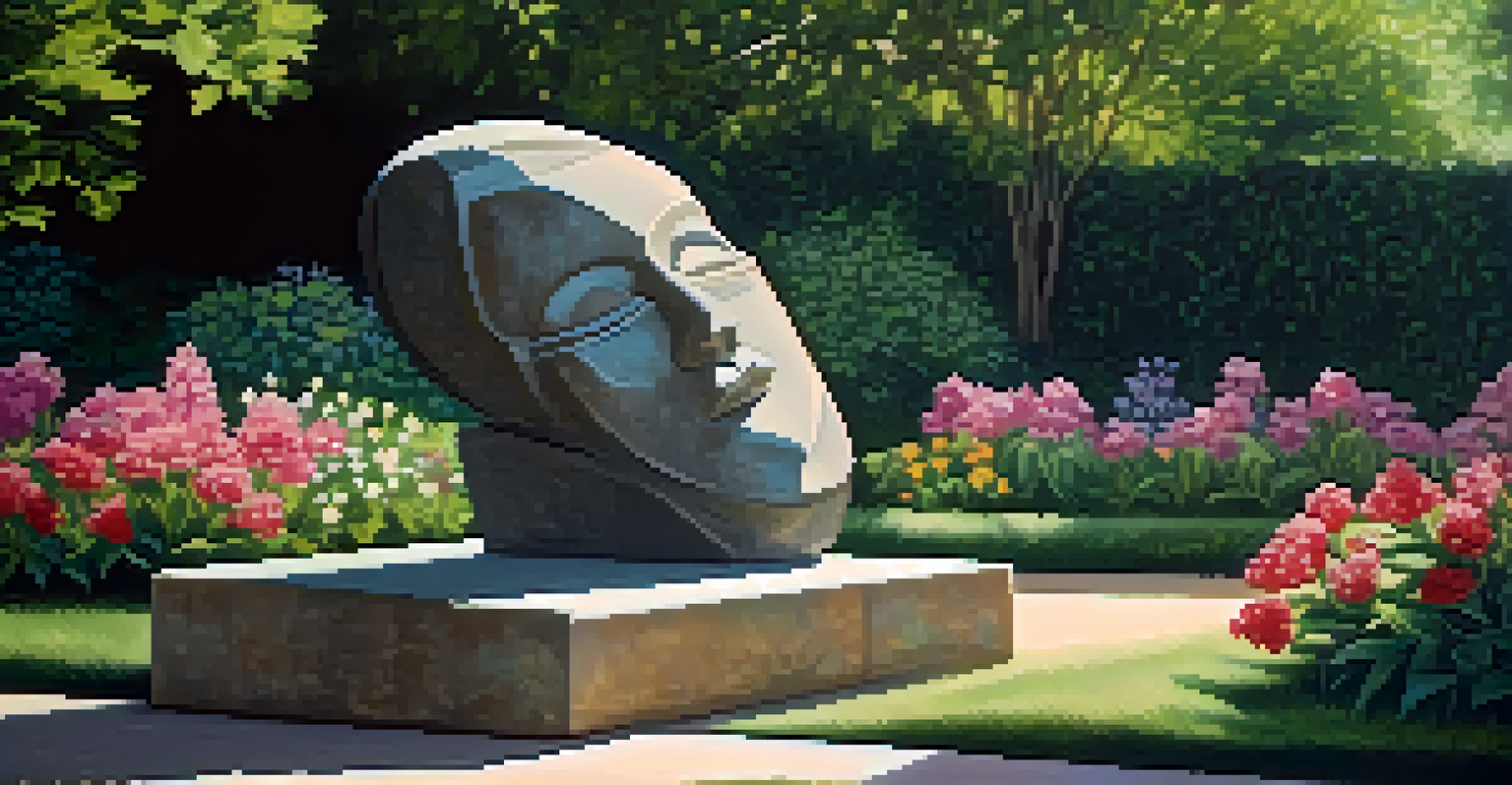 A finished stone sculpture displayed outdoors, surrounded by greenery and flowers under soft sunlight.