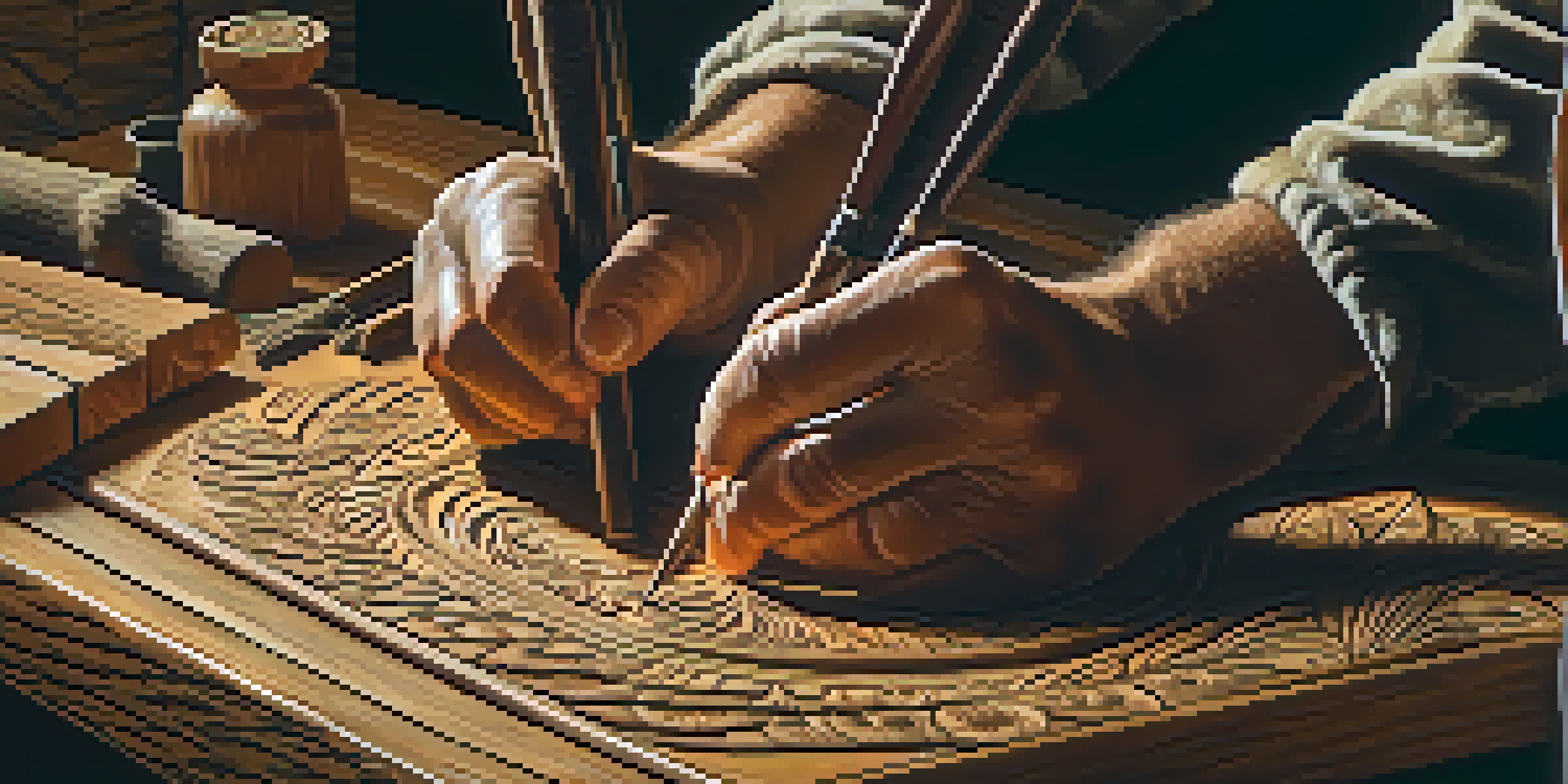 A close-up of an artisan's hands carving wood, surrounded by tools like chisels and mallets, with warm lighting emphasizing the textures.