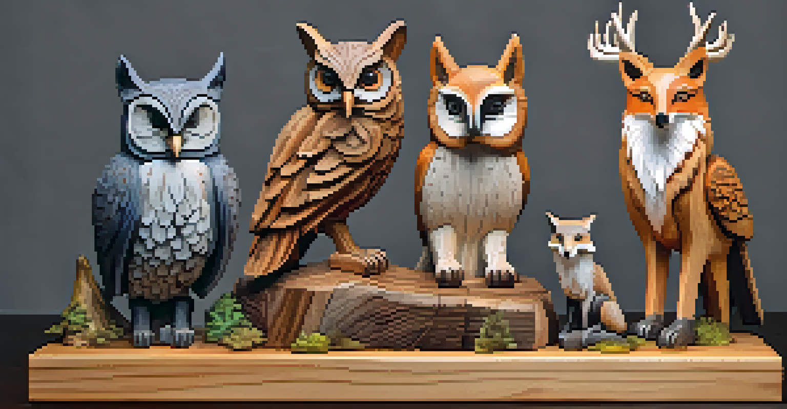 A collection of beautifully carved wooden sculptures of woodland animals, displayed on a wooden base, with intricate details and soft lighting.