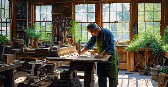 An artist's workshop with a sculptor working on reclaimed wood, surrounded by natural light and greenery.