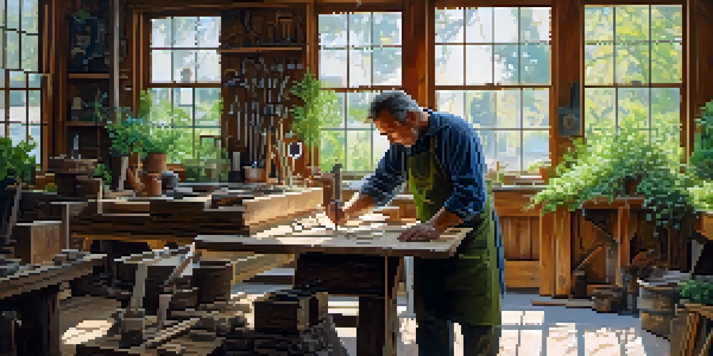 An artist's workshop with a sculptor working on reclaimed wood, surrounded by natural light and greenery.