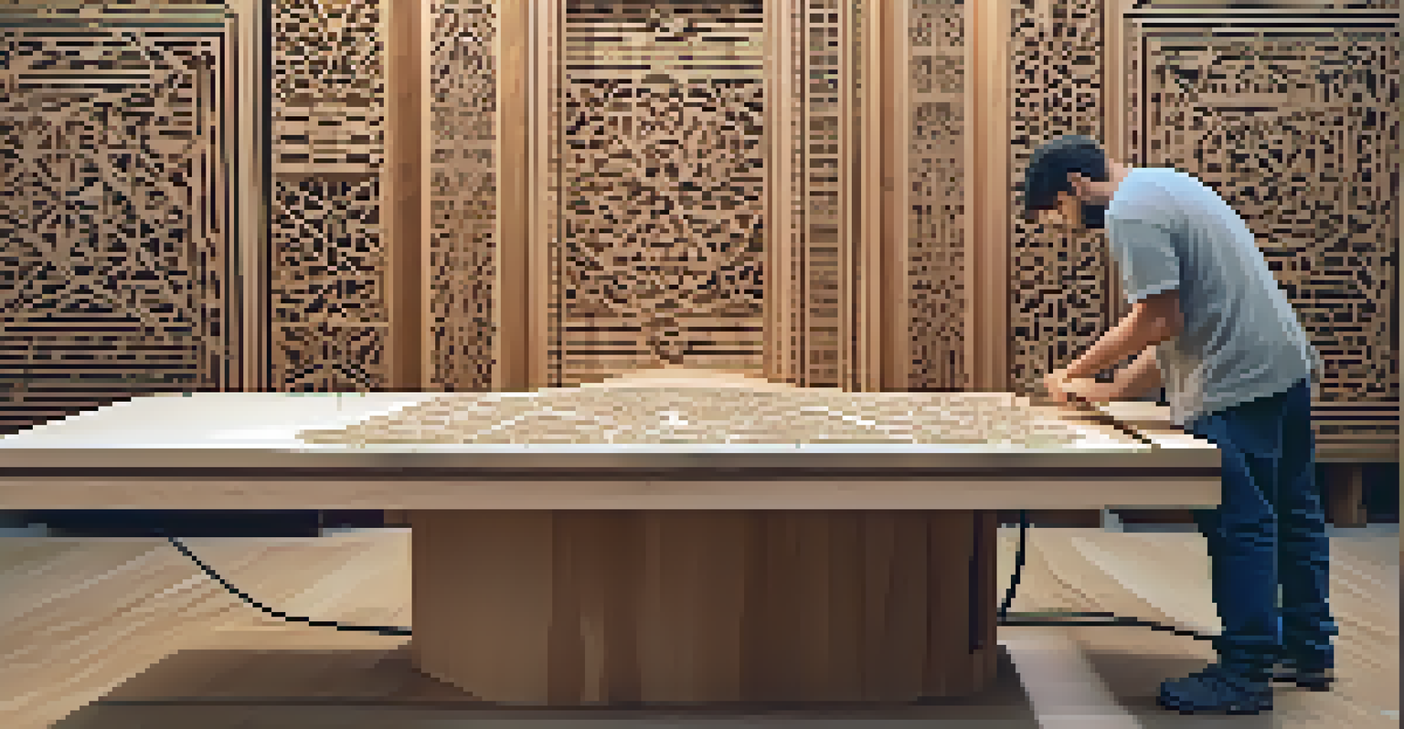 An artisan operating a CNC machine to carve patterns into wood in a well-lit workshop filled with tools.