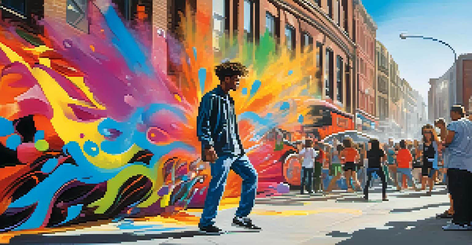 A street artist painting a colorful mural on a city wall, full of energy and surrounded by an urban environment.
