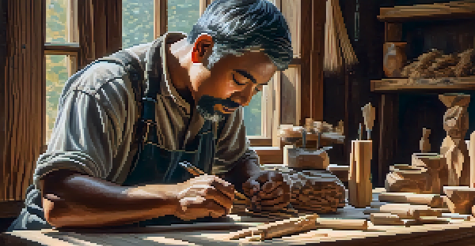 An artisan in a workshop, carving a wooden sculpture with tools laid out on a table, illuminated by soft natural light.