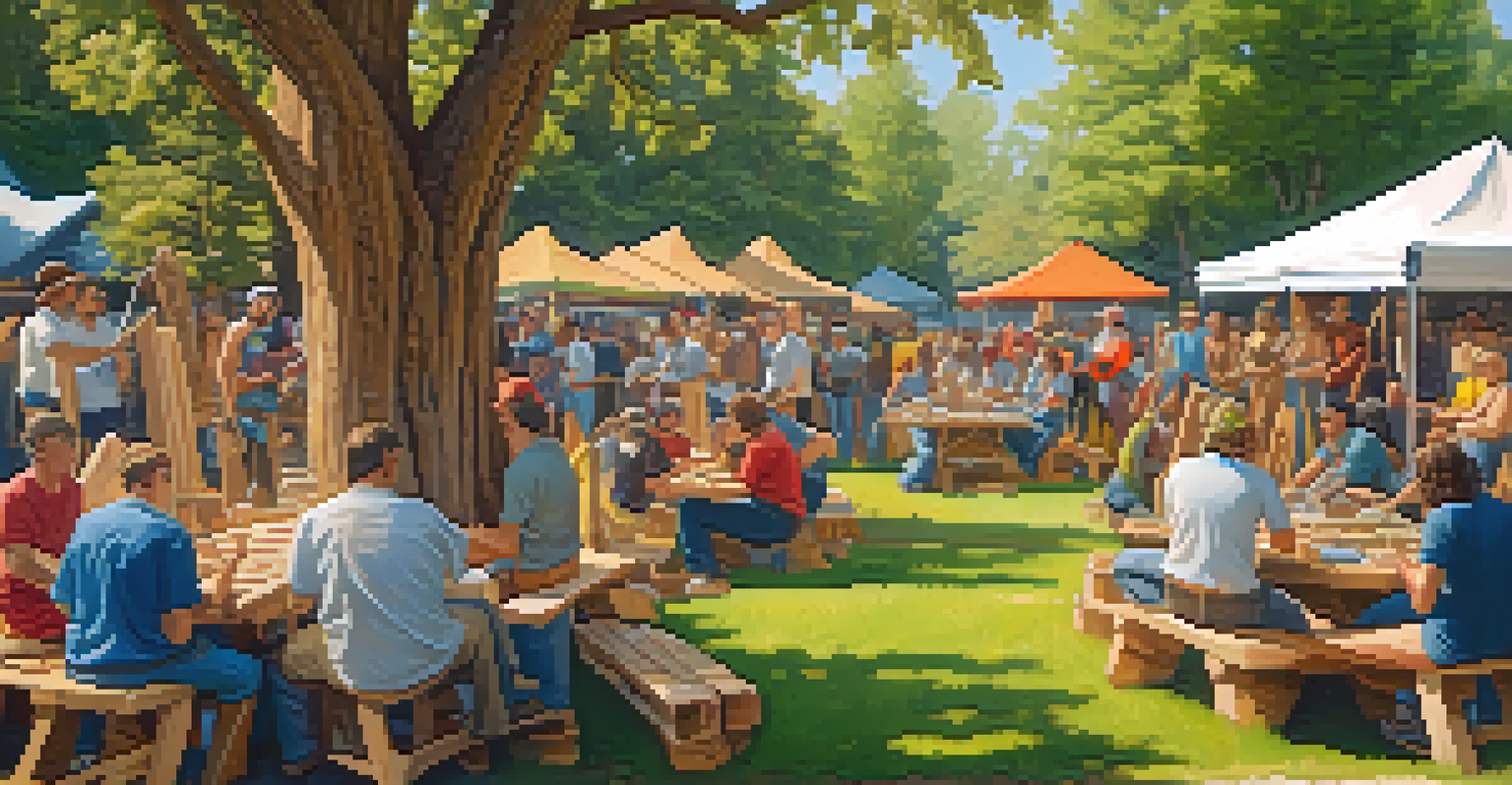 A community event where artists collaborate on a large wooden carving installation outdoors.