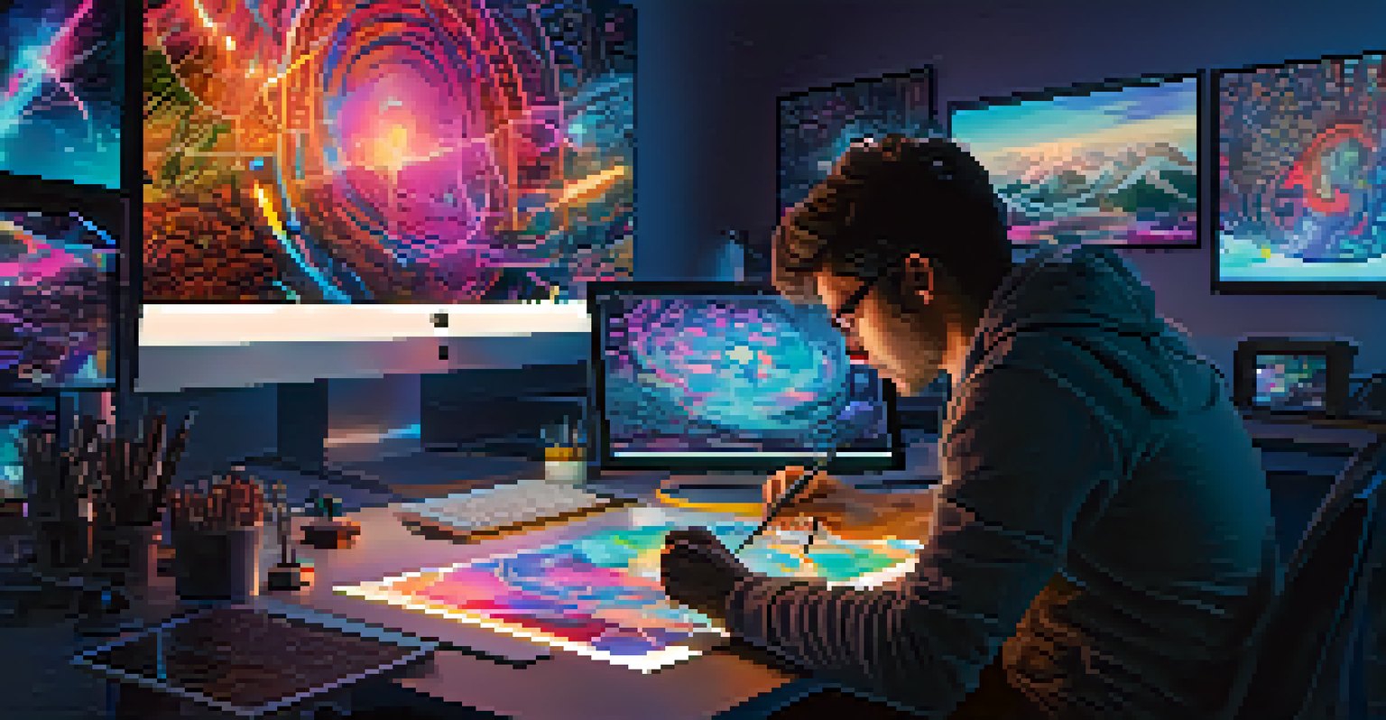 A digital artist working with a stylus on a graphics tablet, surrounded by colorful designs on screens.