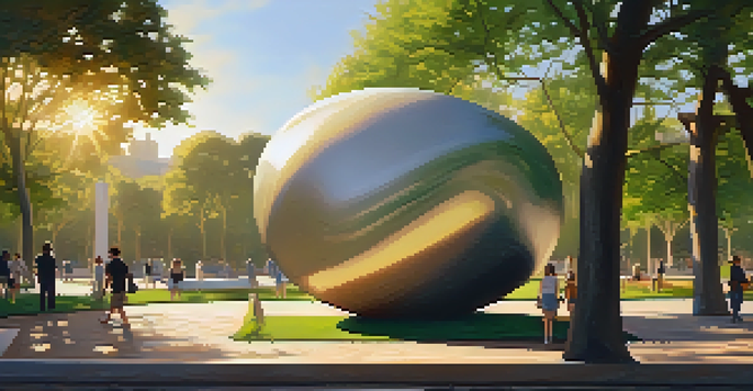 A large abstract stone sculpture in a public park with people walking around and lush greenery under golden hour sunlight.