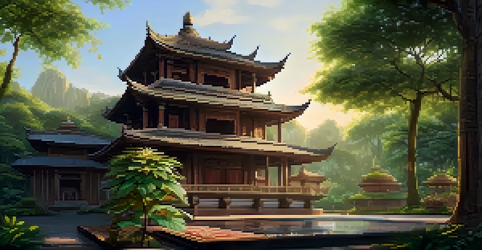 A wooden temple with detailed carvings of lotus flowers, set in a green landscape with sunlight filtering through the trees.