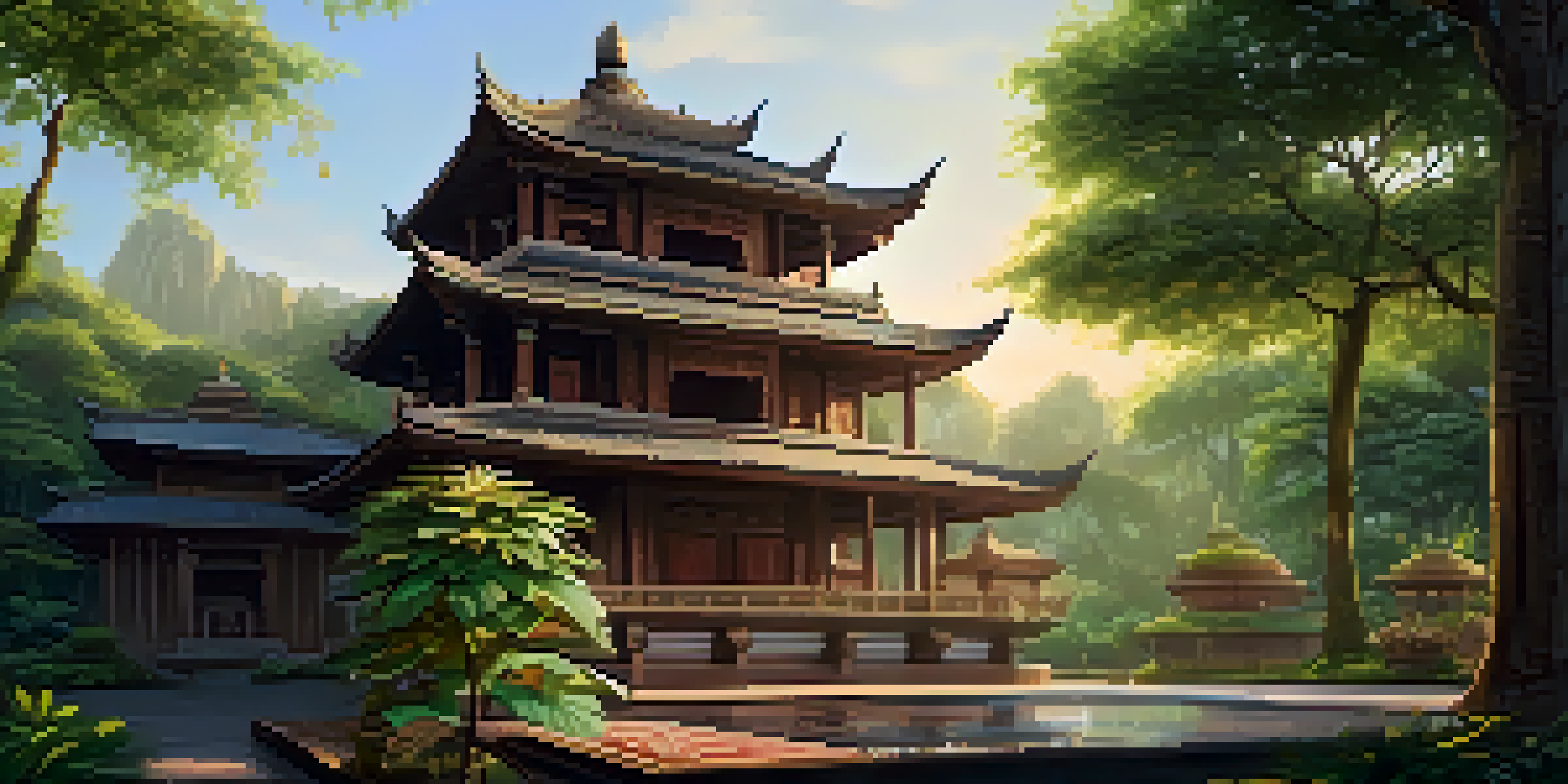 A wooden temple with detailed carvings of lotus flowers, set in a green landscape with sunlight filtering through the trees.