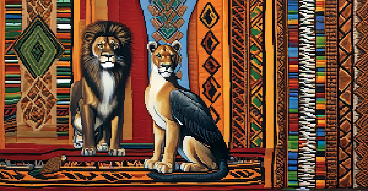 A display of colorful African animal carvings on a woven mat, including a lion, tortoise, and hawk, set against vibrant fabrics.