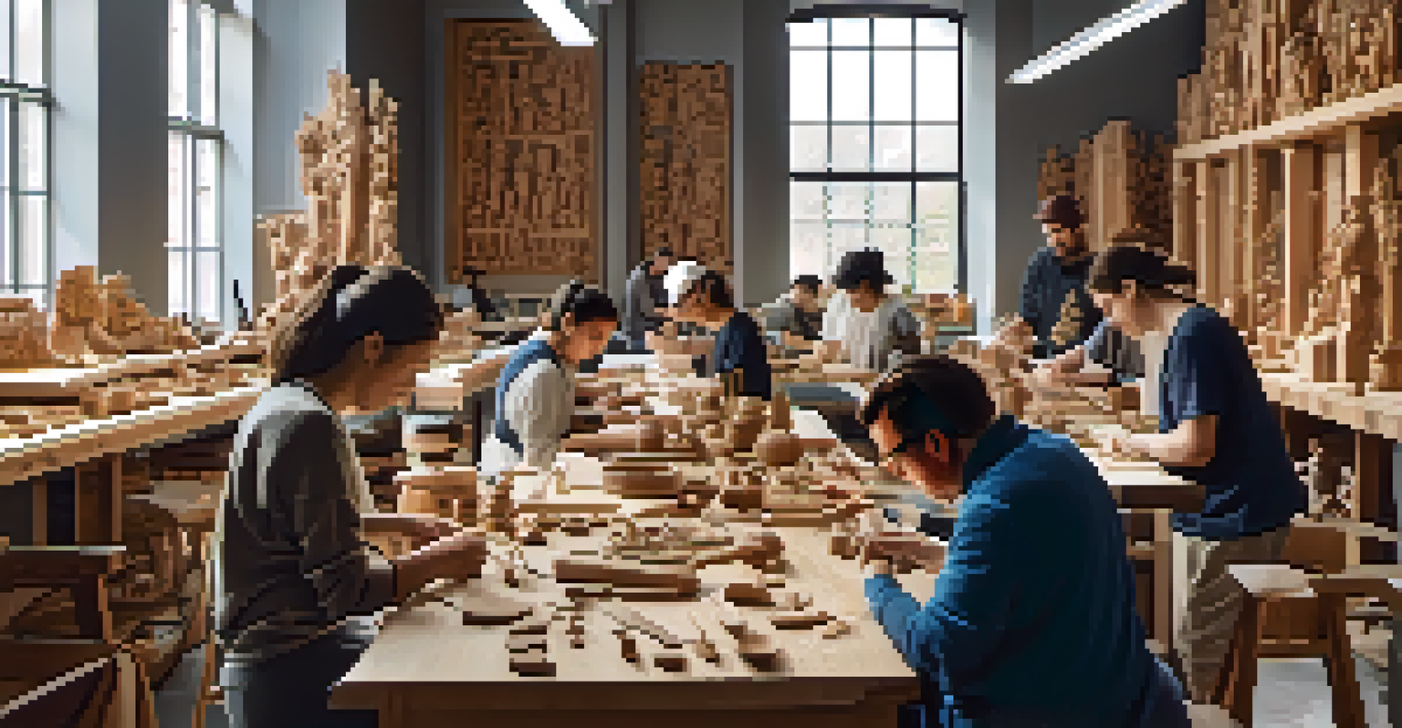 A workshop scene with people carving wood, surrounded by finished pieces and bright natural light.