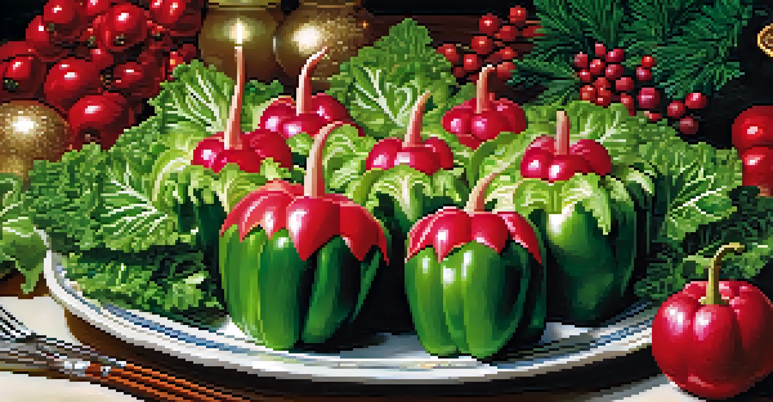A winter holiday display of carved vegetables, including bell pepper Christmas trees and radish snowflakes, on a bed of lettuce.