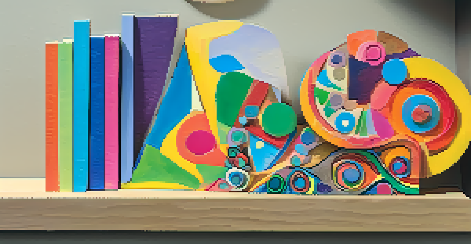 A colorful cardboard sculpture with abstract shapes displayed on a shelf, illuminated by natural light.