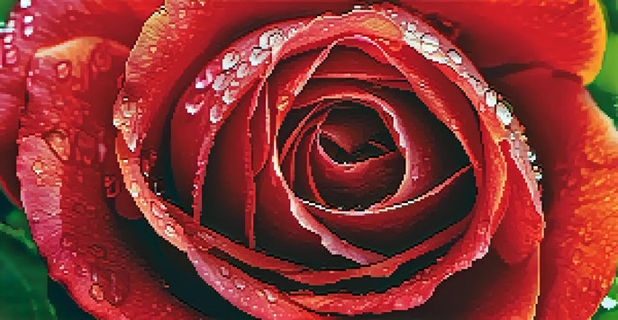 A close-up view of a bright red rose with dew drops on its petals, surrounded by blurred green leaves and warm sunlight.